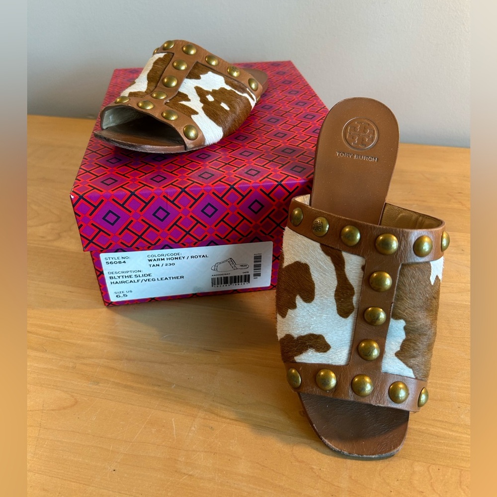 Tory Burch Tan and White Blythe Slides